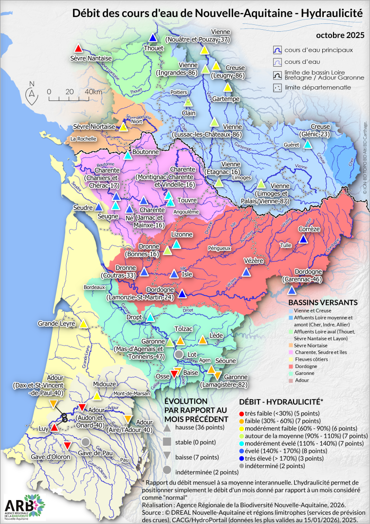 Débit des cours d'eau de Nouvelle-Aquitaine - octobre 2025 - Hydrolicité