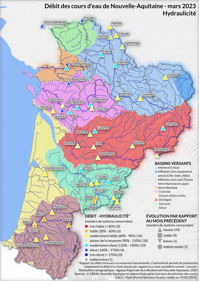 Débit des cours d'eau de Nouvelle-Aquitaine - mars 2023 - Hydraulicité