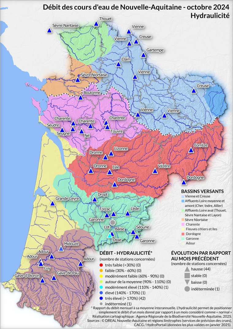 Débit des cours d'eau de Nouvelle-Aquitaine - octobre 2024 - Hydrolicité