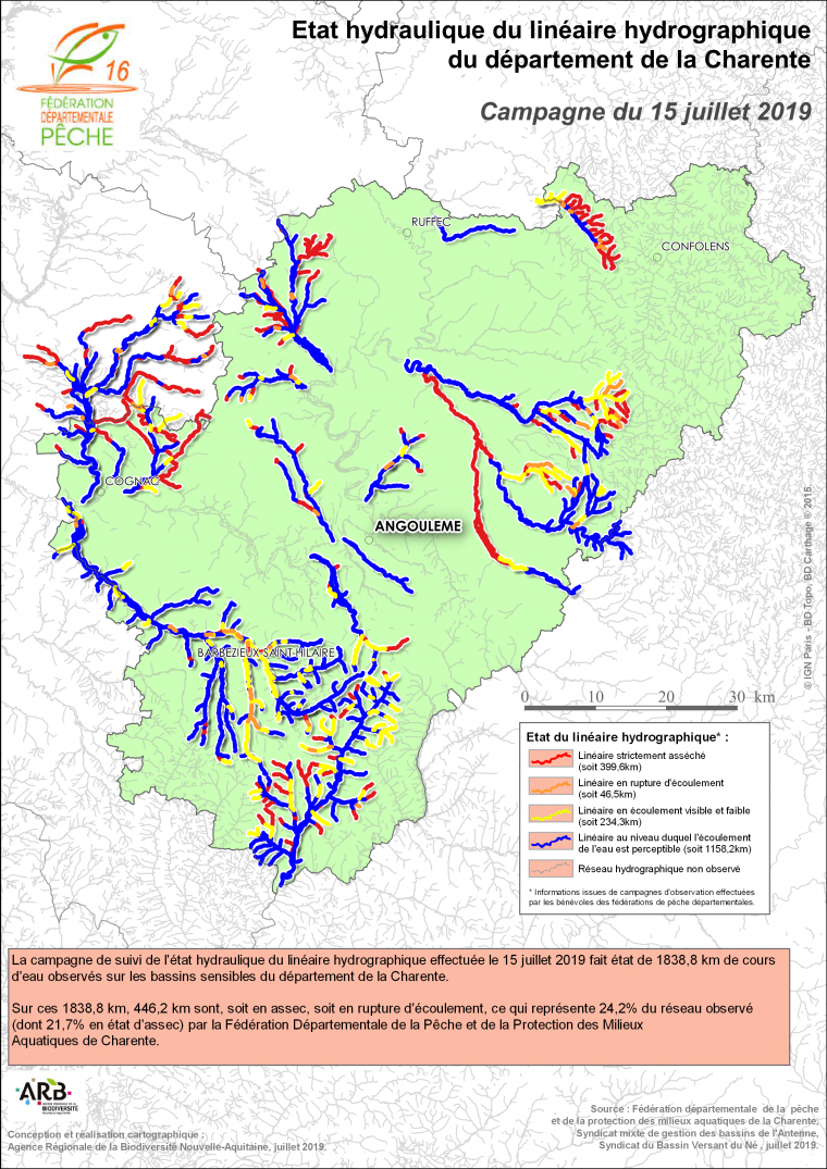 Etat hydraulique du linéaire hydrographique du département de la Charente - Campagne du 15 juillet 2019