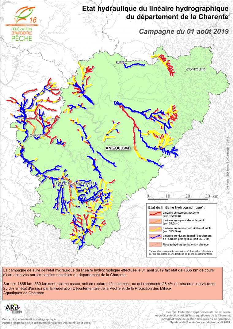 Etat hydraulique du linéaire hydrographique du département de la Charente - Campagne du 1er août 2019