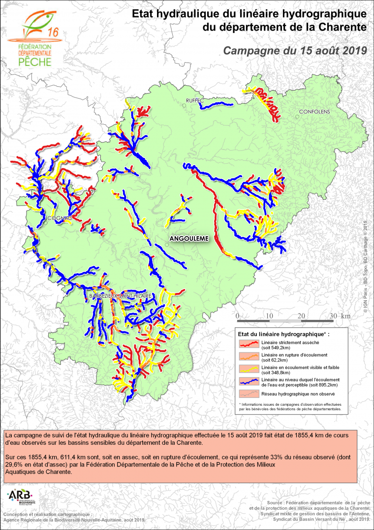 Etat hydraulique du linéaire hydrographique du département de la Charente - Campagne du 15 août 2019