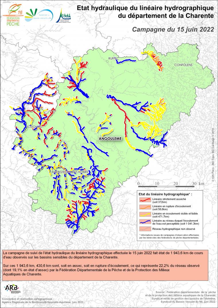 Etat hydraulique du linéaire hydrographique du département de la Charente - Campagne du 15 juin 2022