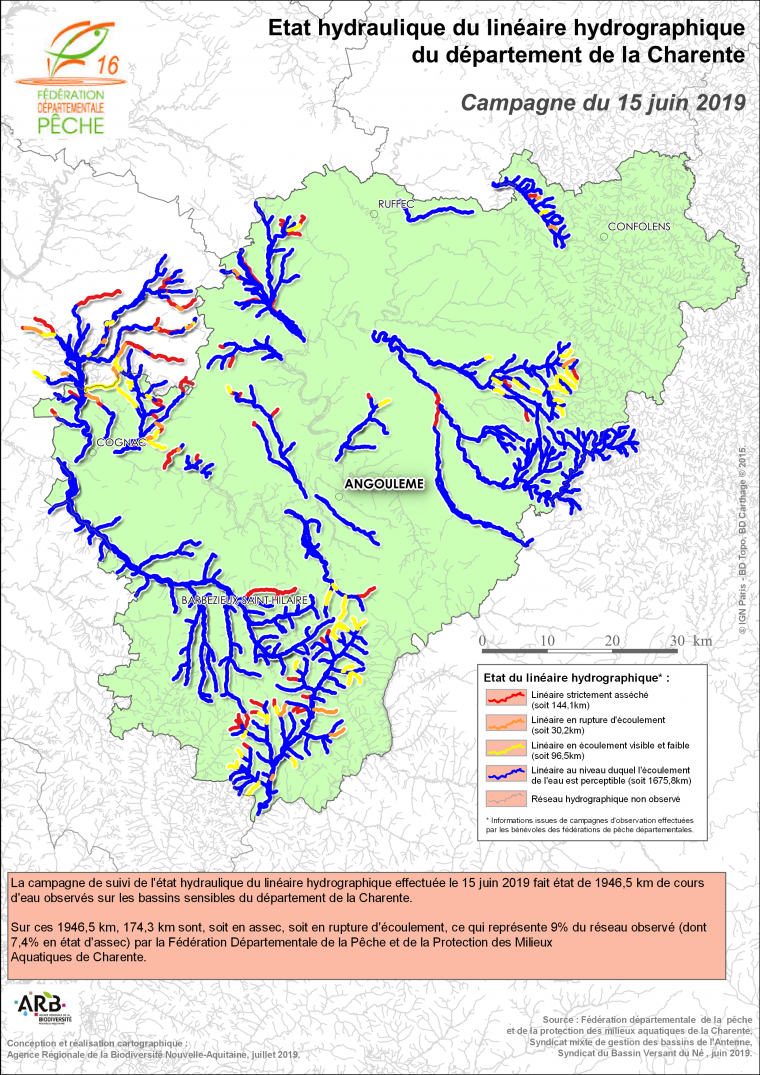 Etat hydraulique du linéaire hydrographique du département de la Charente - Campagne du 15 juin 2019