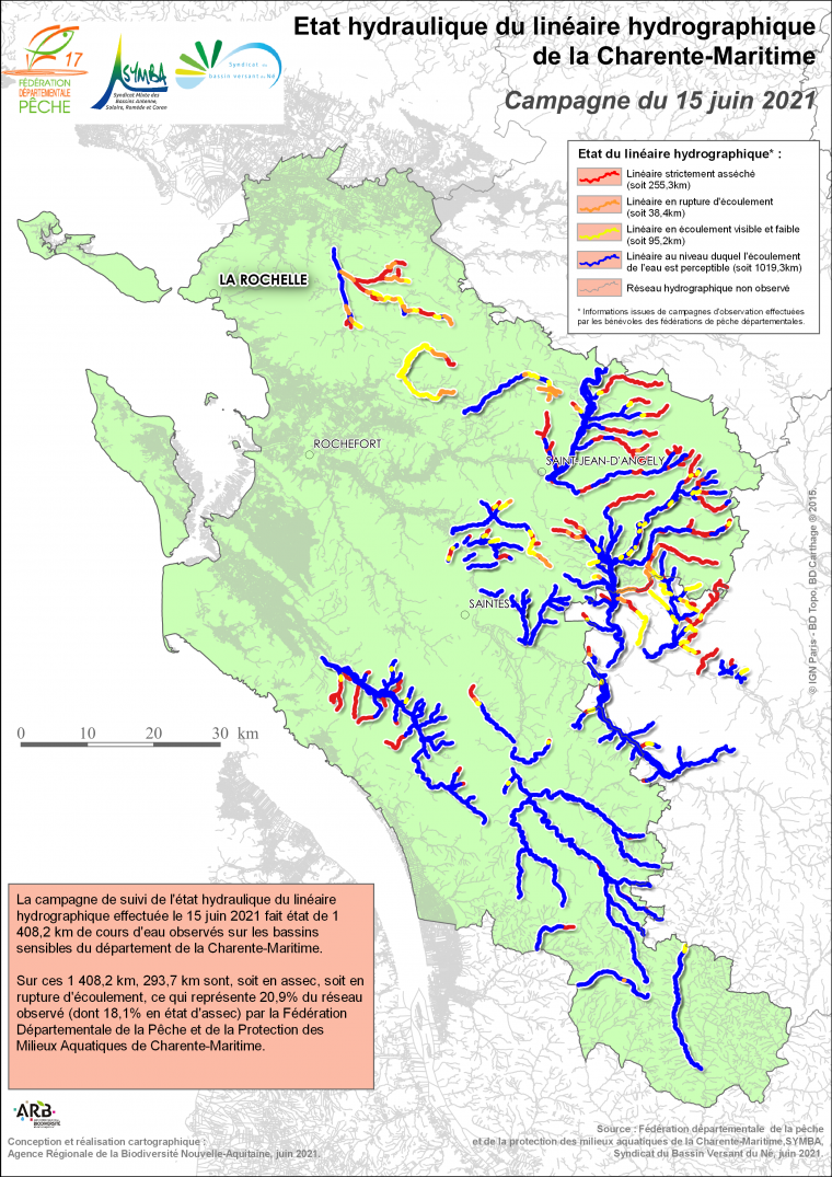 Etat hydraulique du linéaire hydrographique du département de la Charente-Maritime - Campagne du 15 juin 2021