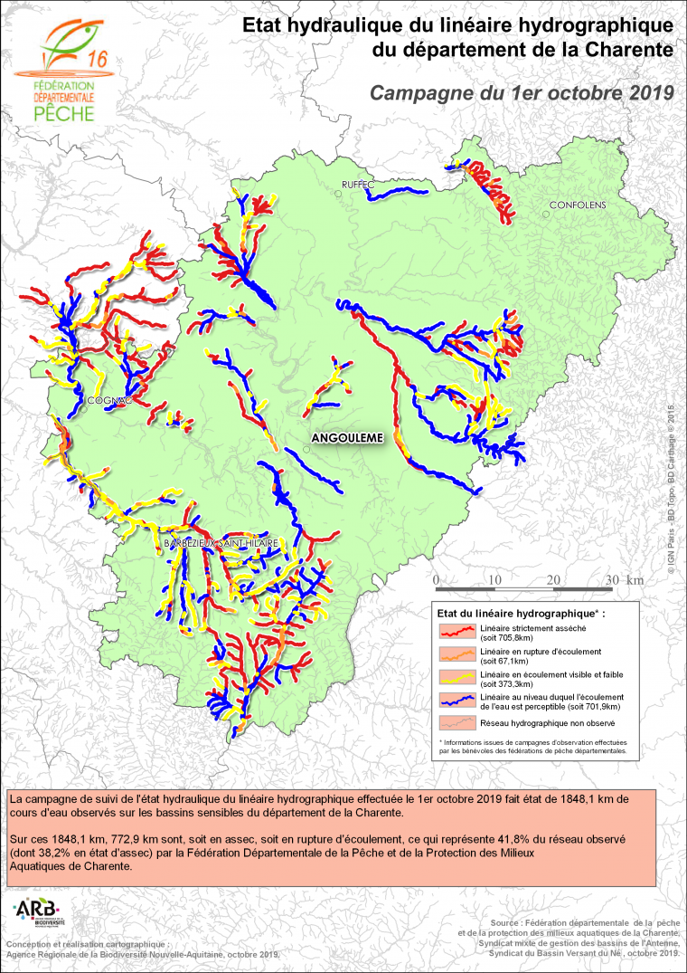 Etat hydraulique du linéaire hydrographique du département de la Charente - Campagne du 1er octobre 2019