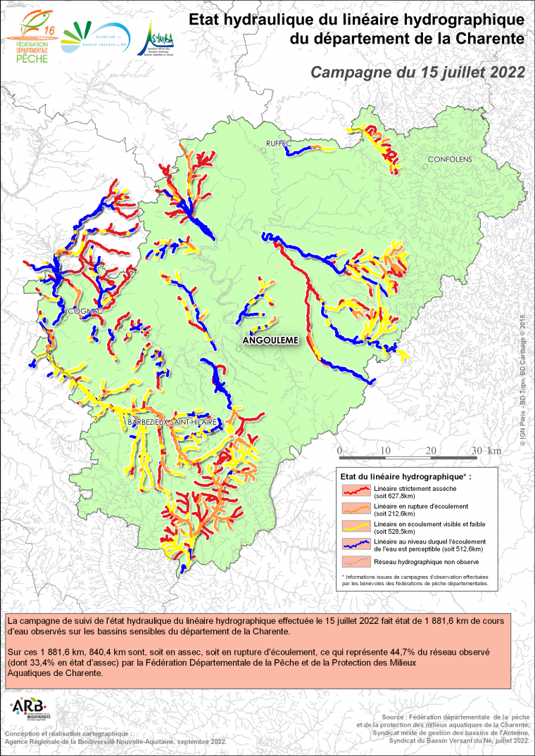 Etat hydraulique du linéaire hydrographique du département de la Charente - Campagne du 15 juillet 2022