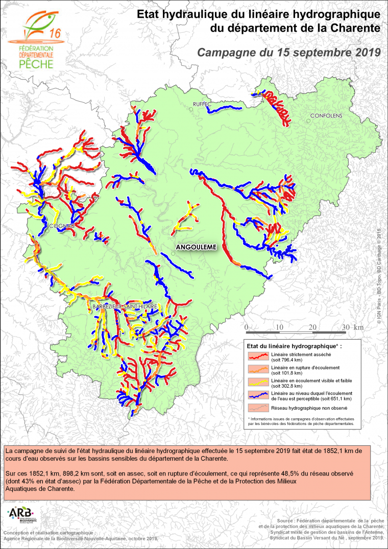 Etat hydraulique du linéaire hydrographique du département de la Charente - Campagne du 15 septembre 2019