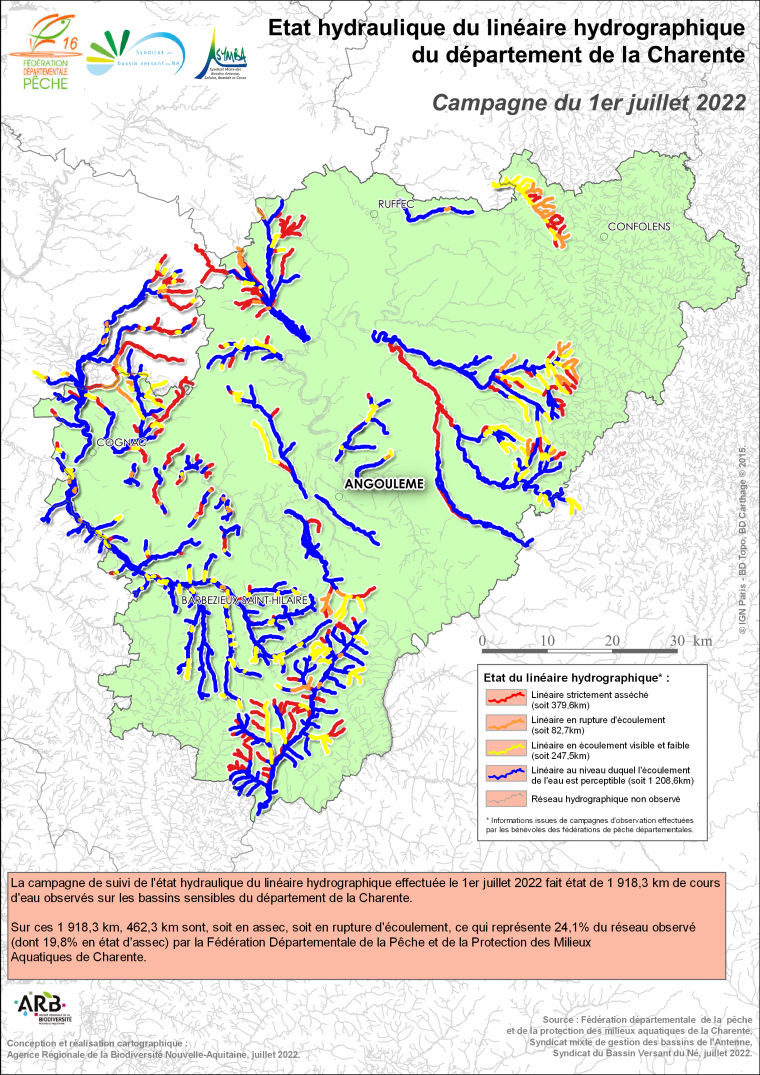 Etat hydraulique du linéaire hydrographique du département de la Charente - Campagne du 1er juillet 2022