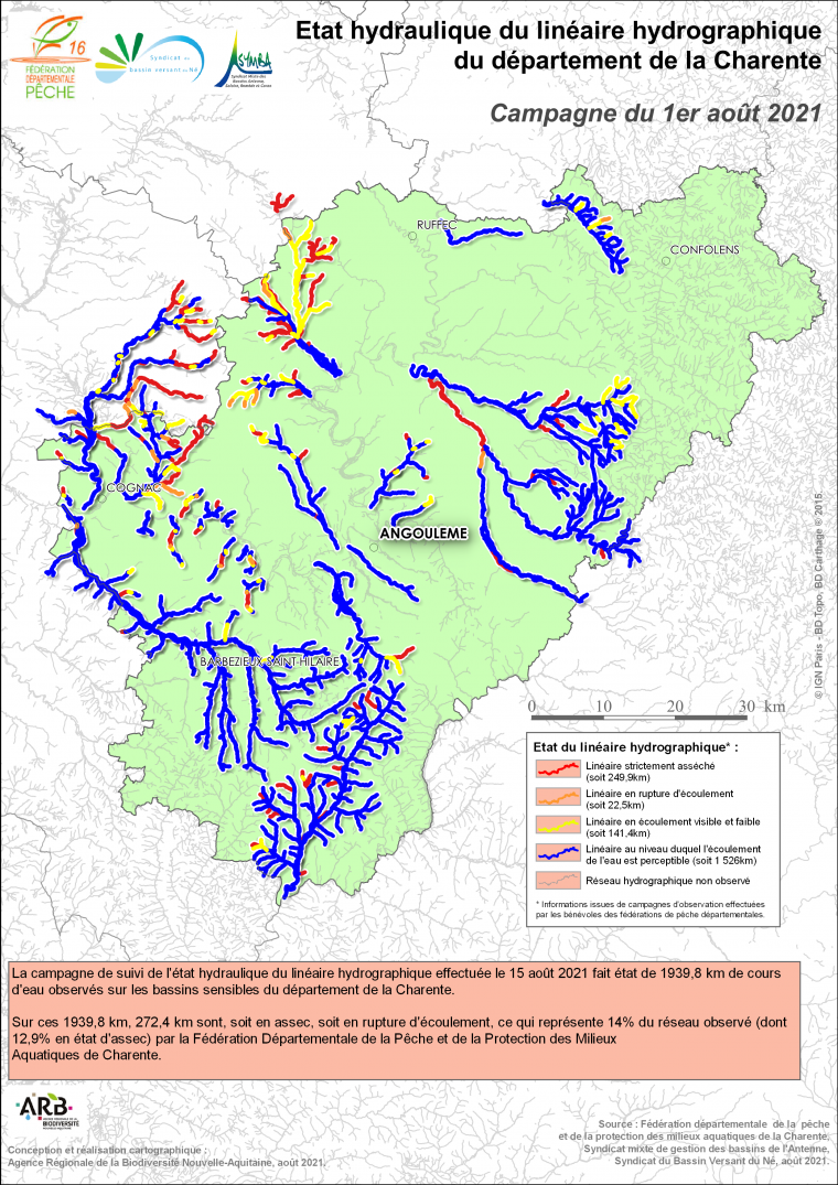 Etat hydraulique du linéaire hydrographique du département de la Charente - Campagne du 1er août 2021