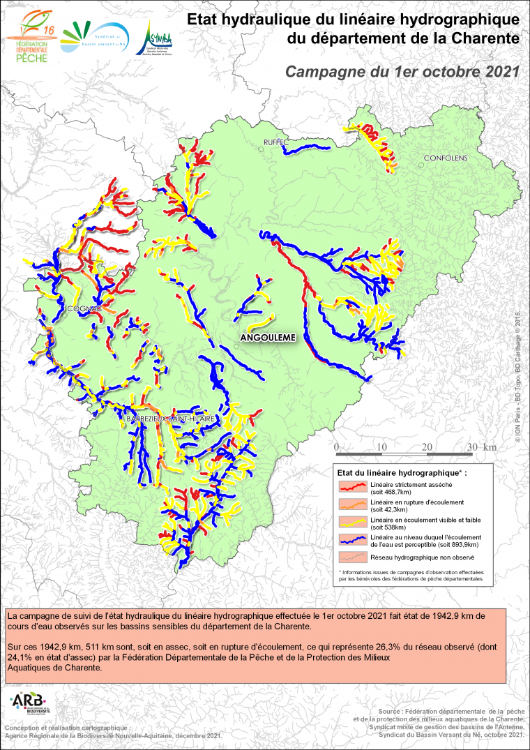 Etat hydraulique du linéaire hydrographique du département de la Charente - Campagne du 1er octobre 2021