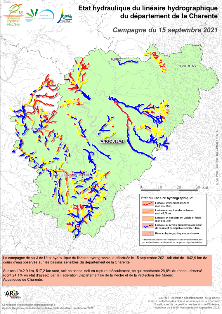 Etat hydraulique du linéaire hydrographique du département de la Charente - Campagne du 15 septembre 2021