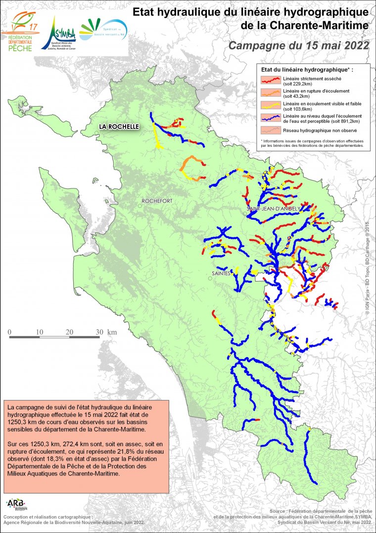 Etat hydraulique du linéaire hydrographique du département de la Charente-Maritime - Campagne du 15 mai 2022