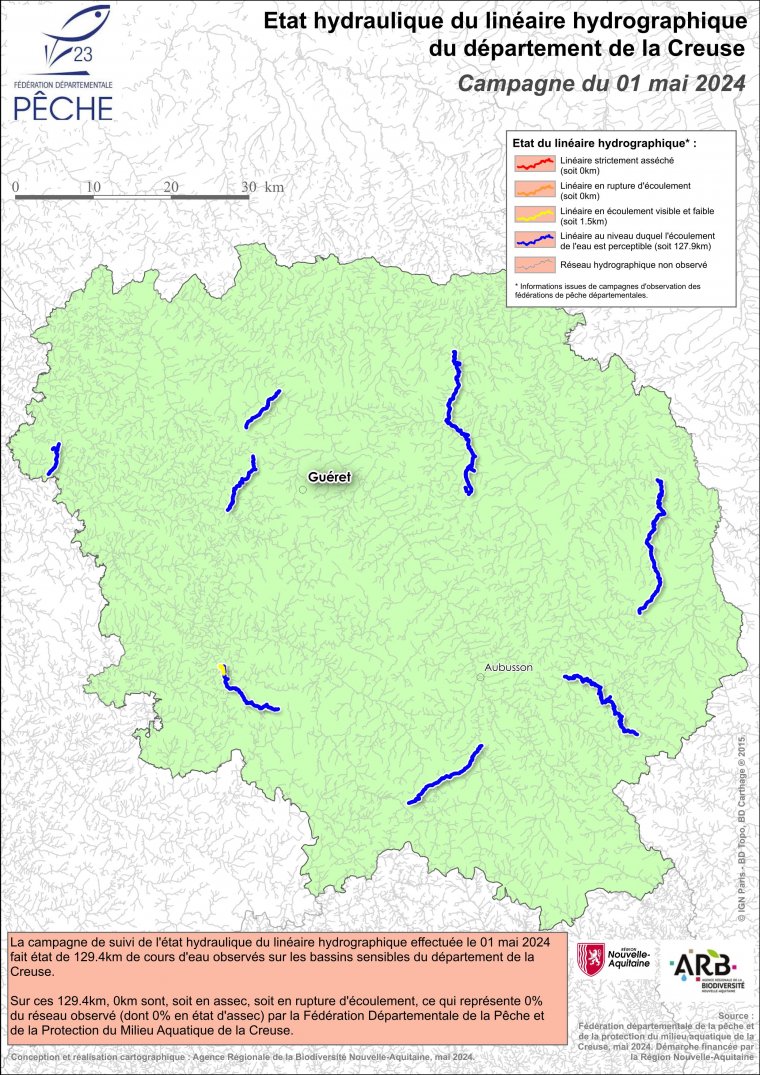 Etat hydraulique du linéaire hydrographique du département de la Creuse - Campagne du 1er mai 2024
