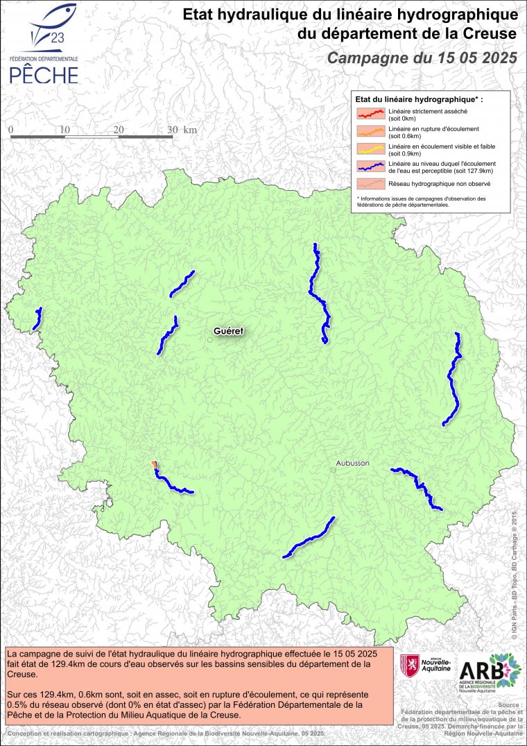 Etat hydraulique du linéaire hydrographique du département de la Creuse - Campagne du 15 mai 2025