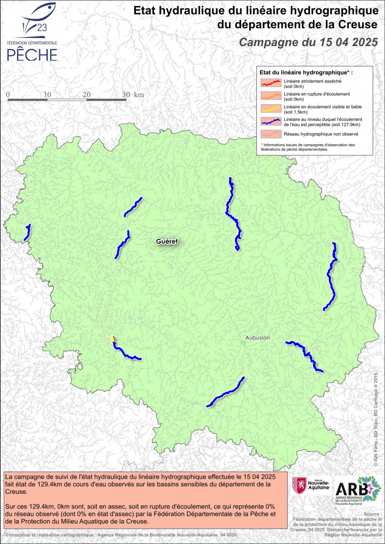 Etat hydraulique du linéaire hydrographique du département de la Creuse - Campagne du 15 avril 2025
