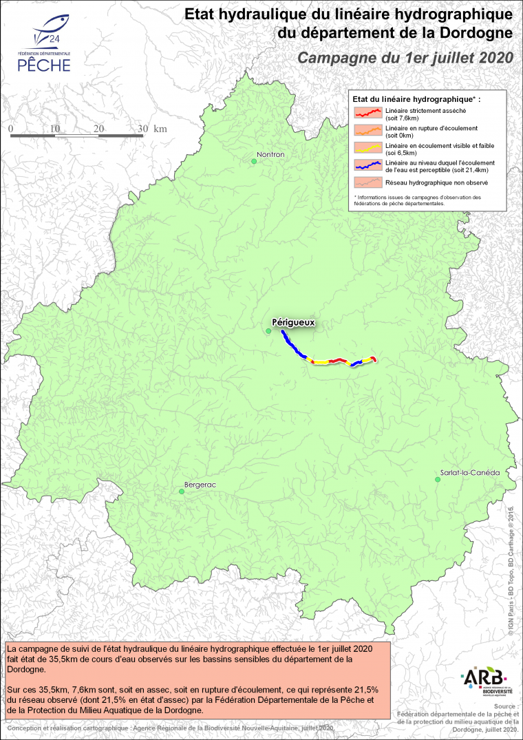 Etat hydraulique du linéaire hydrographique du département de la Dordogne - Campagne du 1er juillet 2020