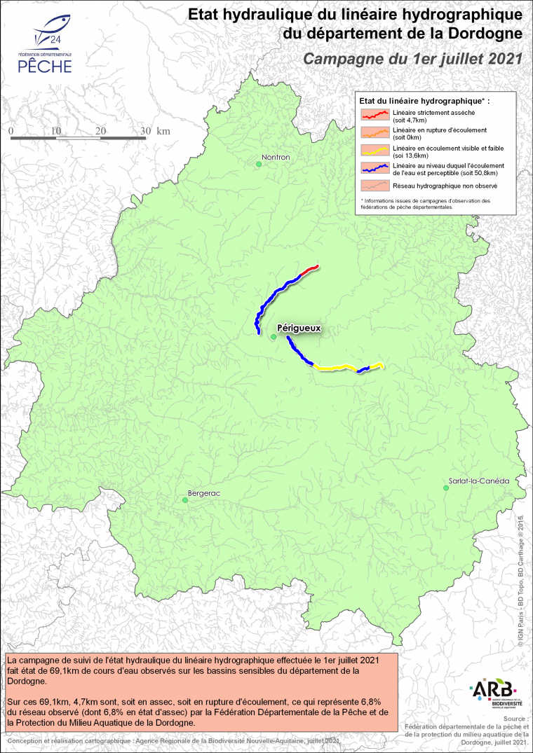 Etat hydraulique du linéaire hydrographique du département de la Dordogne - Campagne du 1er juillet 2021