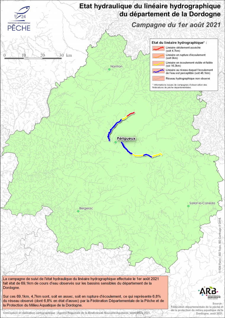 Etat hydraulique du linéaire hydrographique du département de la Dordogne - Campagne du 1er août 2021