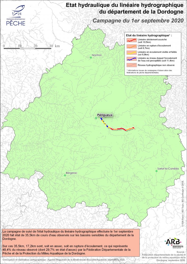 Etat hydraulique du linéaire hydrographique du département de la Dordogne - Campagne du 1er septembre 2020