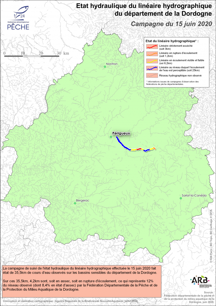 Etat hydraulique du linéaire hydrographique du département de la Dordogne - Campagne du 15 juin 2020