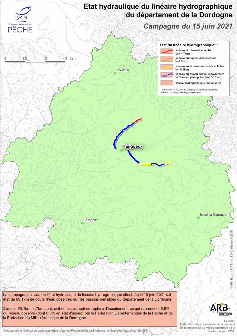 Etat hydraulique du linéaire hydrographique du département de la Dordogne - Campagne du 15 juin 2021