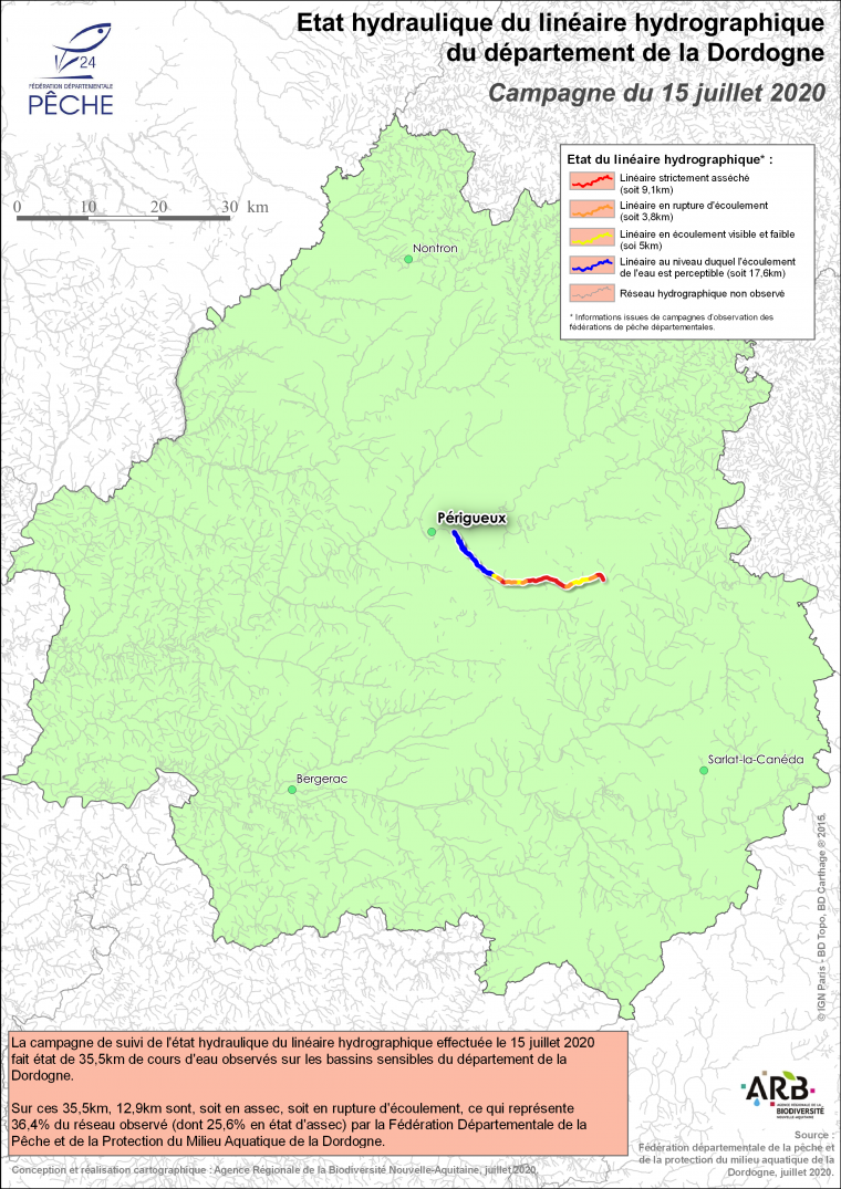 Etat hydraulique du linéaire hydrographique du département de la Dordogne - Campagne du 15 juillet 2020