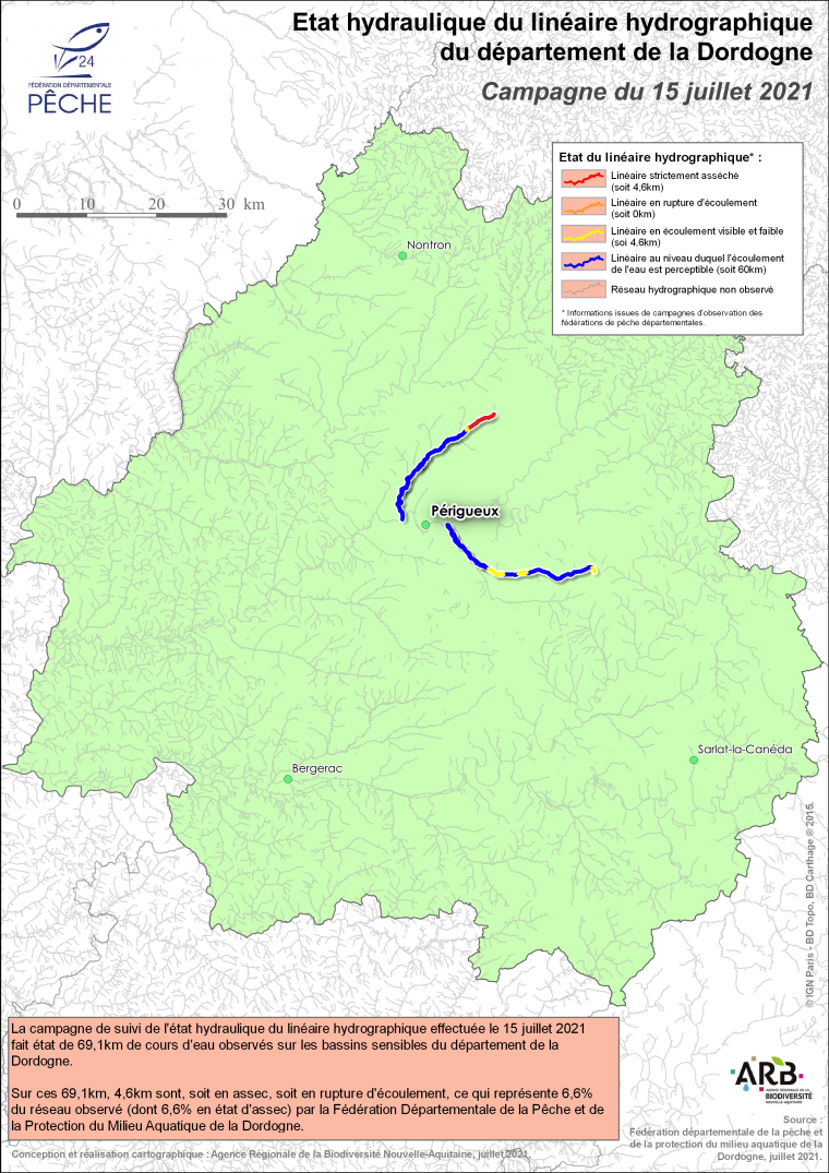 Etat hydraulique du linéaire hydrographique du département de la Dordogne - Campagne du 15 juillet 2021