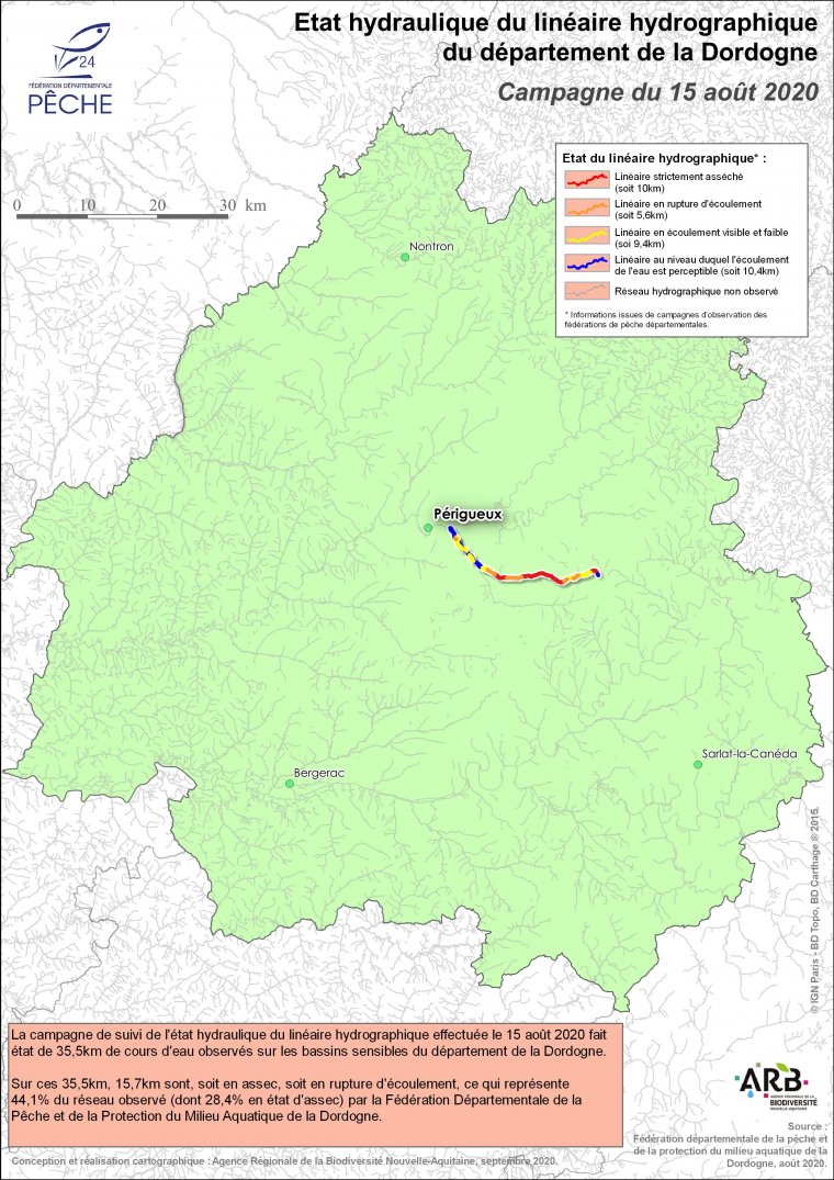 Etat hydraulique du linéaire hydrographique du département de la Dordogne - Campagne du 15 août 2020