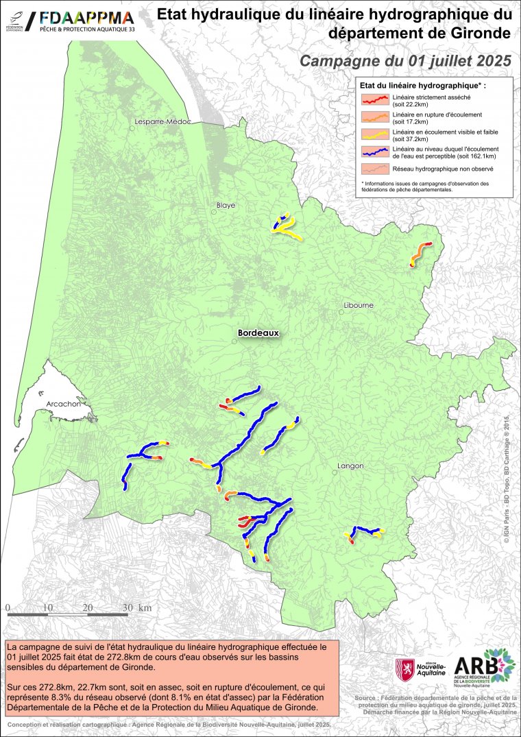 Etat hydraulique du linéaire hydrographique du département de la Gironde - Campagne du 1er juillet 2025