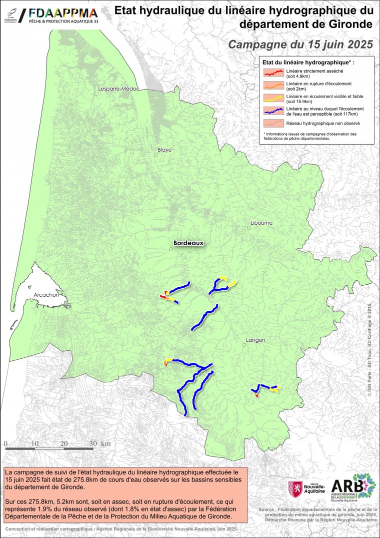 Etat hydraulique du linéaire hydrographique du département de la Gironde - Campagne du 15 juin 2025
