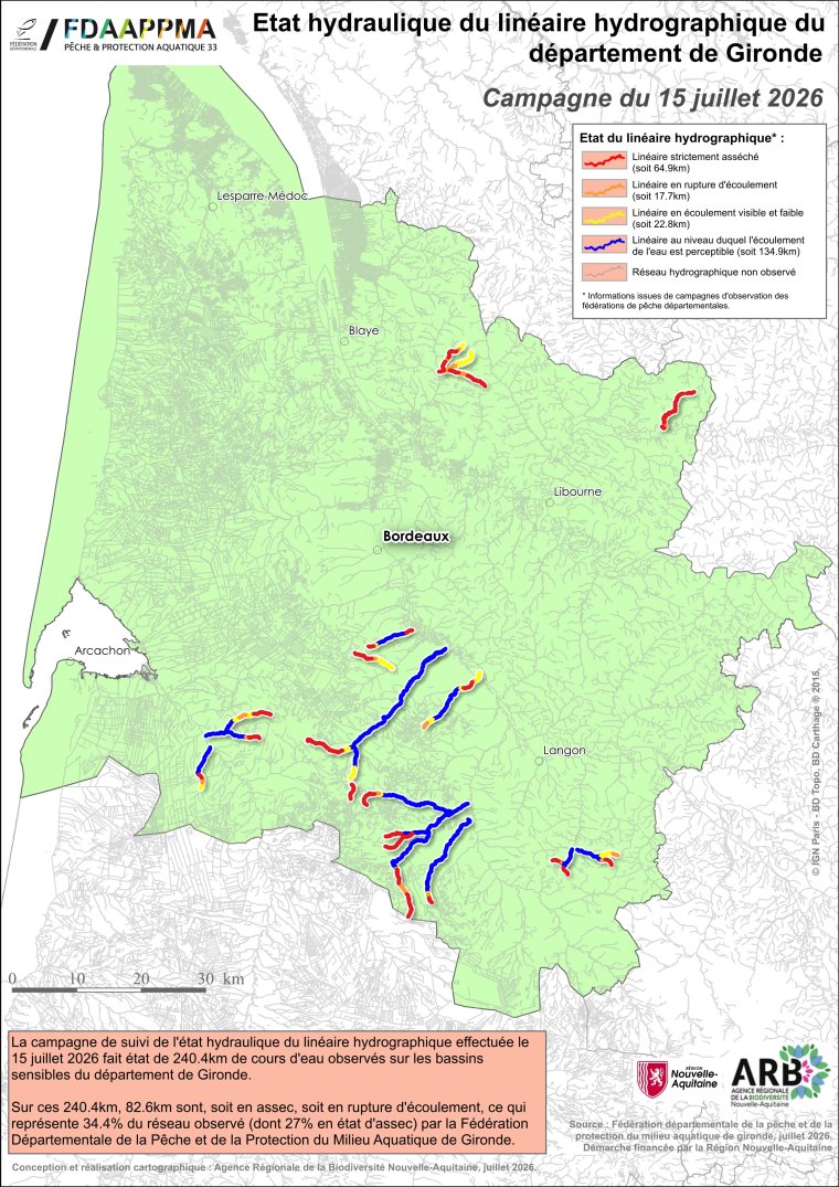 Etat hydraulique du linéaire hydrographique du département de la Gironde - Campagne du 15 juillet 2026