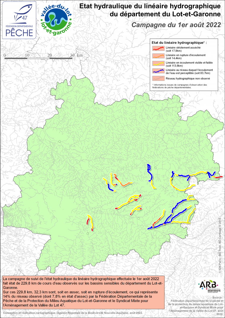 Etat hydraulique du linéaire hydrographique du département du Lot-et-Garonne - Campagne du 1er août 2022