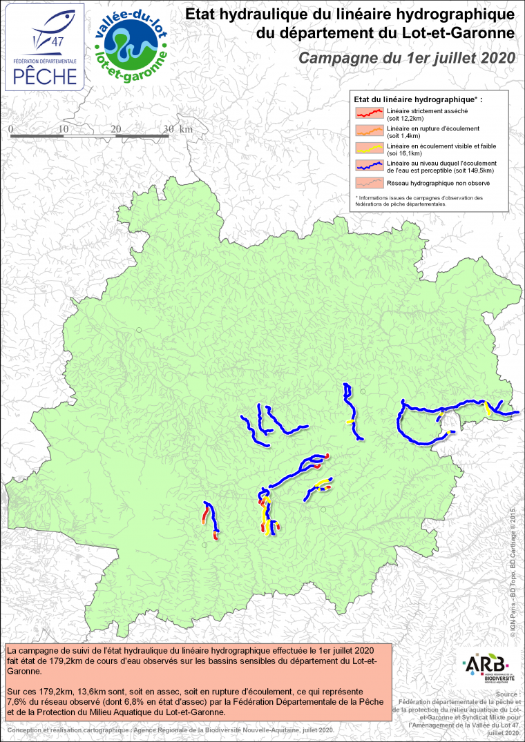 Etat hydraulique du linéaire hydrographique du département du Lot-et-Garonne - Campagne du 1er juillet 2020