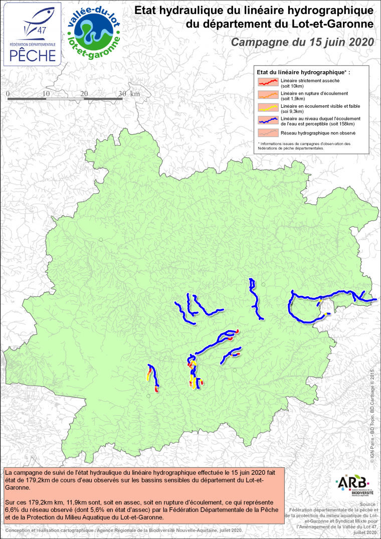 Etat hydraulique du linéaire hydrographique du département du Lot-et-Garonne - Campagne du 15 juin 2020