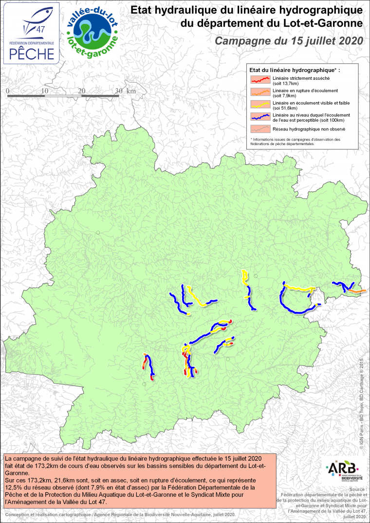 Etat hydraulique du linéaire hydrographique du département du Lot-et-Garonne - Campagne du 15 juillet 2020