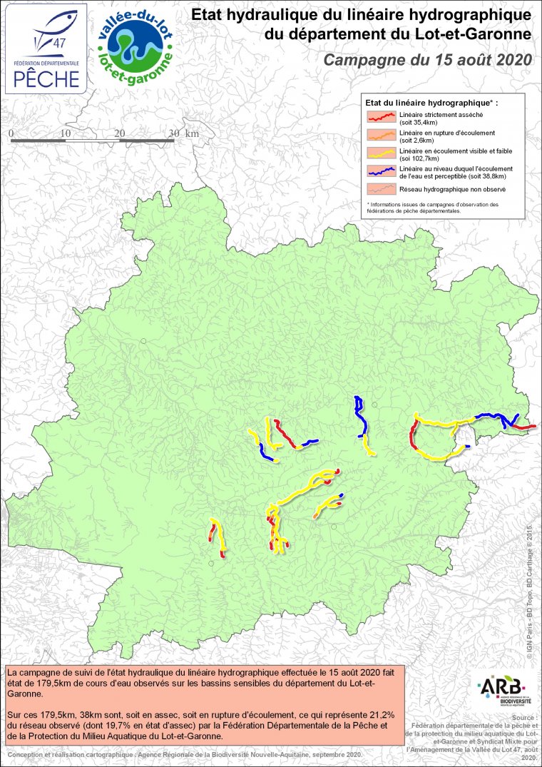 Etat hydraulique du linéaire hydrographique du département du Lot-et-Garonne - Campagne du 15 août 2020
