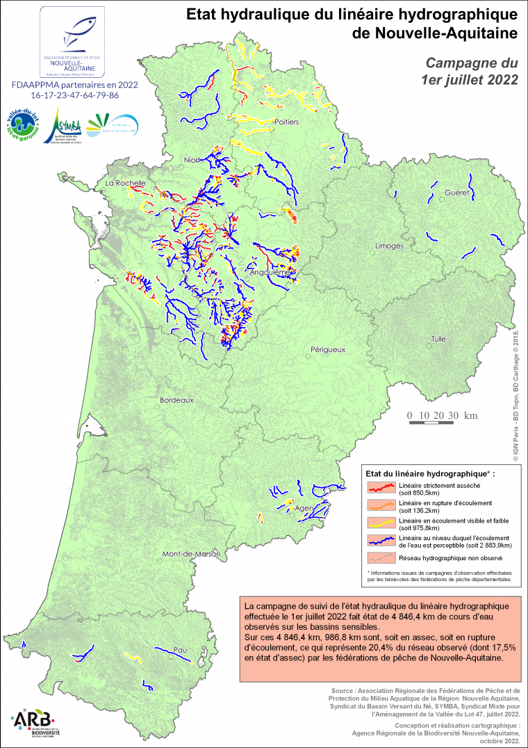 Etat hydraulique du linéaire hydrographique de la région Nouvelle-Aquitaine - Campagne du 1er juillet 2022