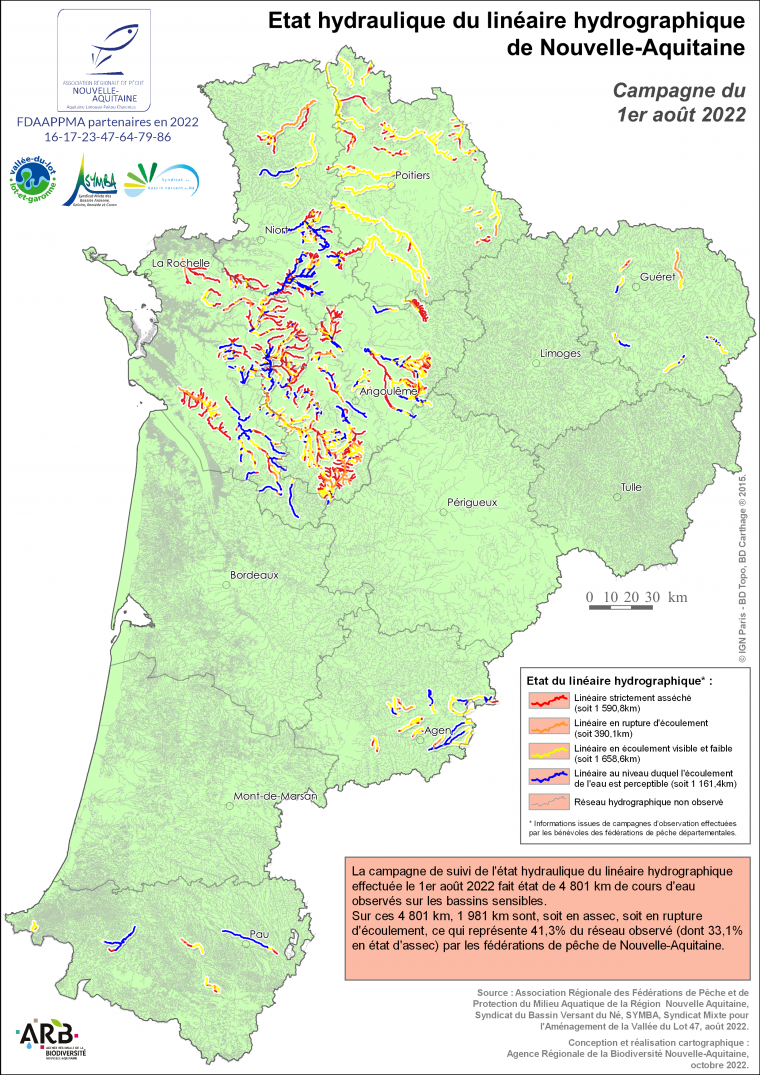 Etat hydraulique du linéaire hydrographique de la région Nouvelle-Aquitaine - Campagne du 1er août 2022