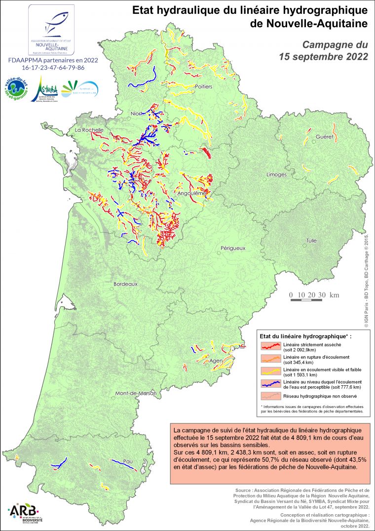 Etat hydraulique du linéaire hydrographique de la région Nouvelle-Aquitaine - Campagne du 15 septembre 2022
