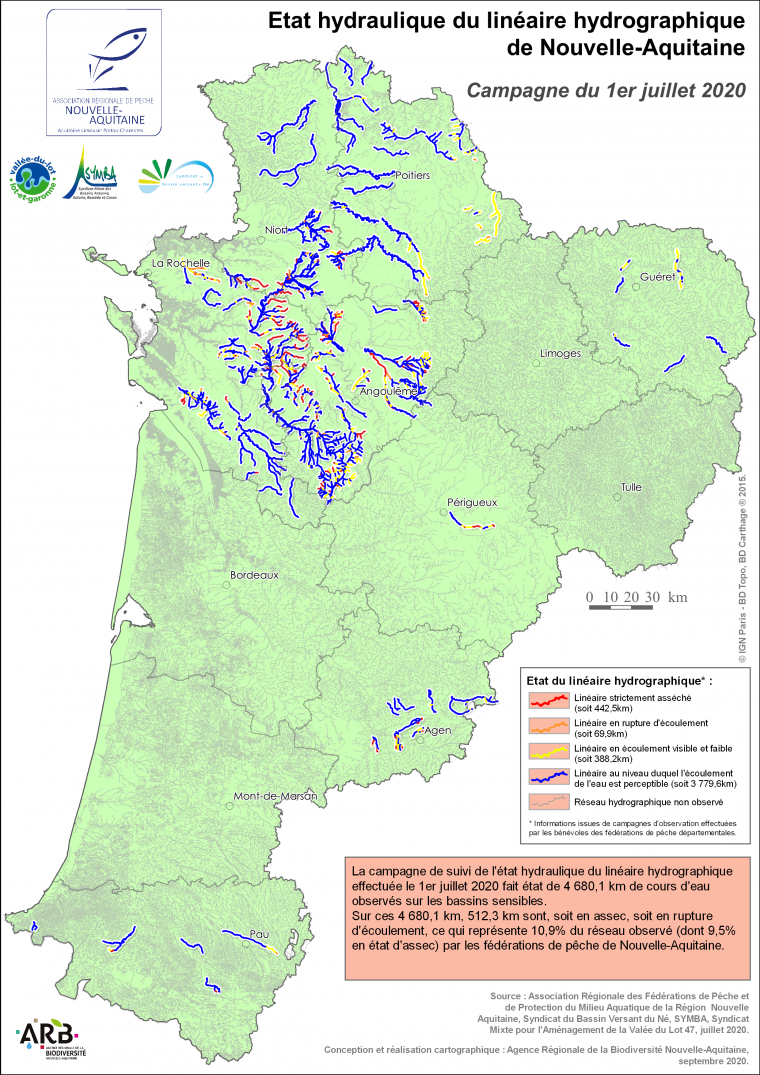 Etat hydraulique du linéaire hydrographique de la région Nouvelle-Aquitaine - Campagne du 1er juillet 2020