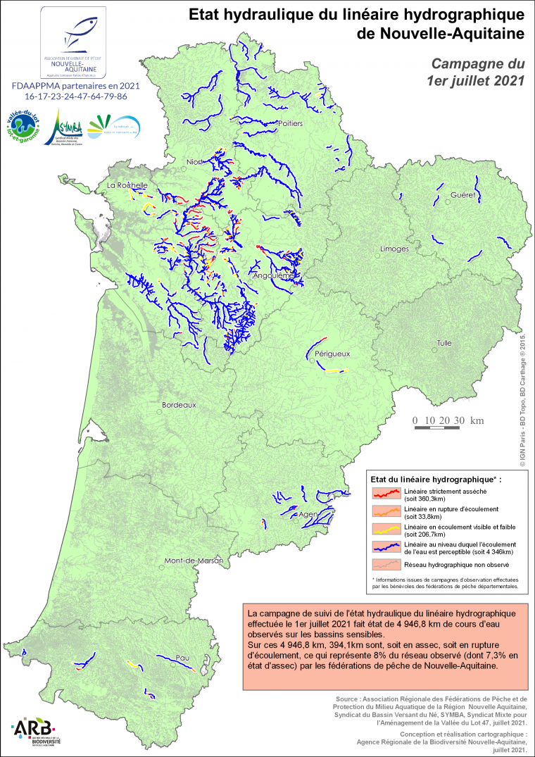 Etat hydraulique du linéaire hydrographique de la région Nouvelle-Aquitaine - Campagne du 1er juillet 2021