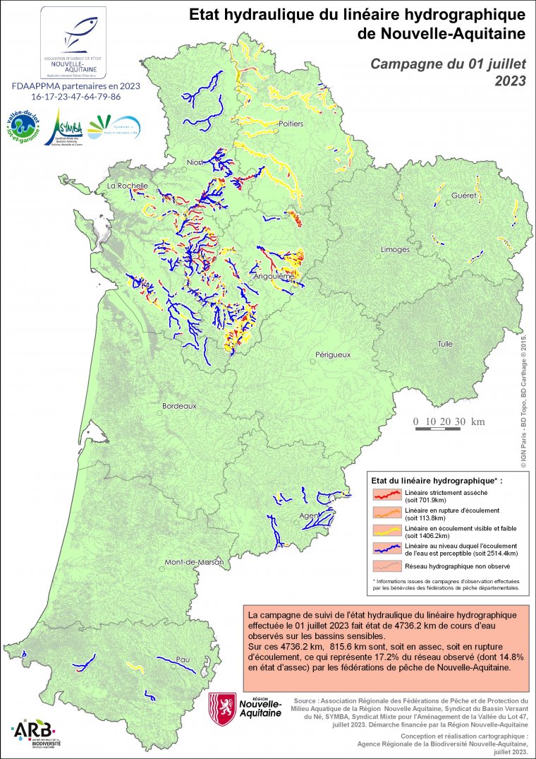 Etat hydraulique du linéaire hydrographique de la région Nouvelle-Aquitaine - Campagne du 1er juillet 2023