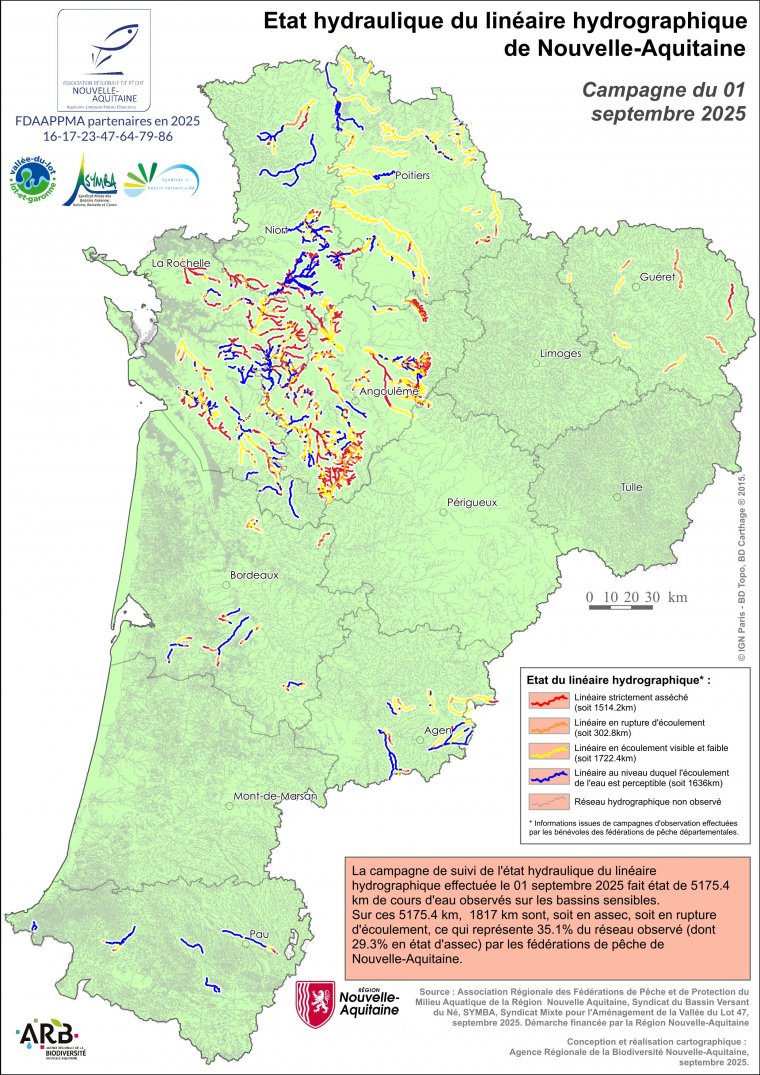 Etat hydraulique du linéaire hydrographique de la région Nouvelle-Aquitaine - Campagne du 1er septembre 2025