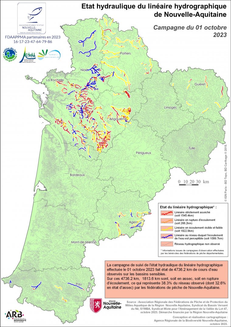 Etat hydraulique du linéaire hydrographique de la région Nouvelle-Aquitaine - Campagne du 1er octobre 2023