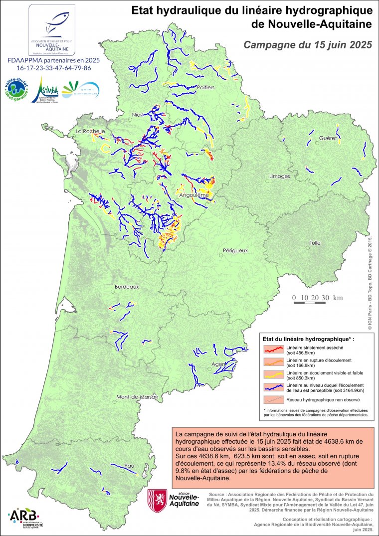 Etat hydraulique du linéaire hydrographique de la région Nouvelle-Aquitaine - Campagne du 15 juin 2025