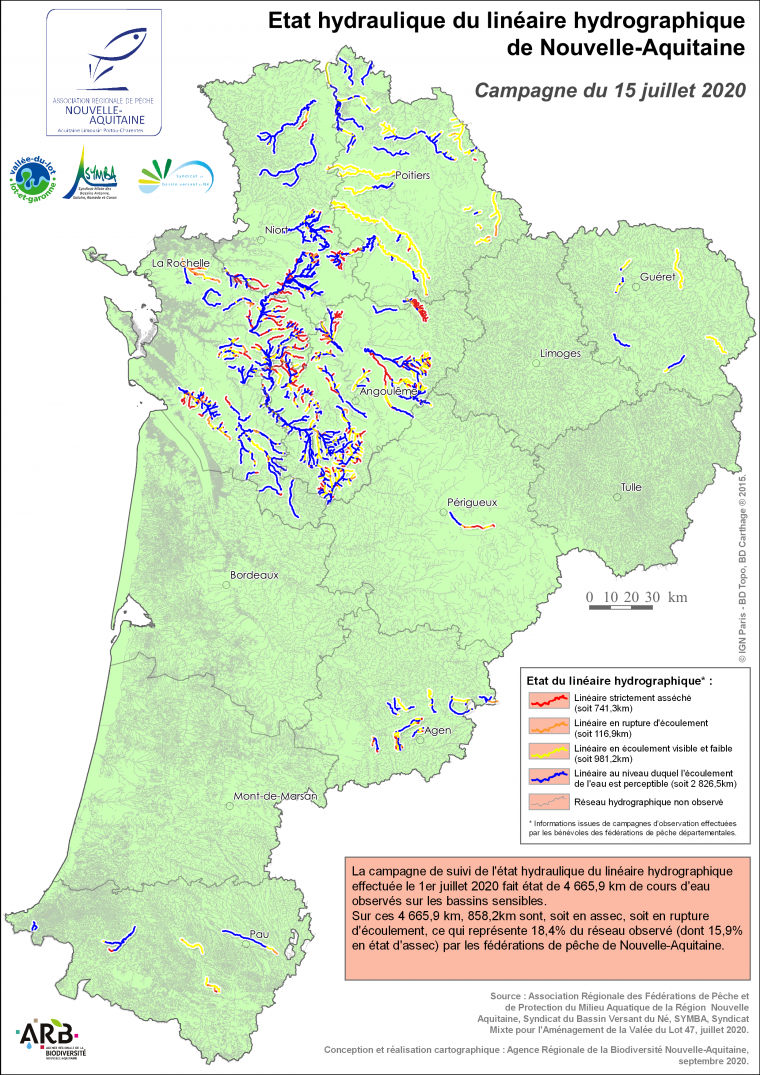 Etat hydraulique du linéaire hydrographique de la région Nouvelle-Aquitaine - Campagne du 15 juillet 2020