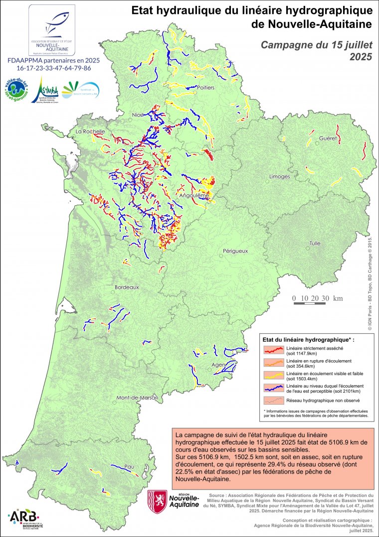 Etat hydraulique du linéaire hydrographique de la région Nouvelle-Aquitaine - Campagne du 15 juillet 2025