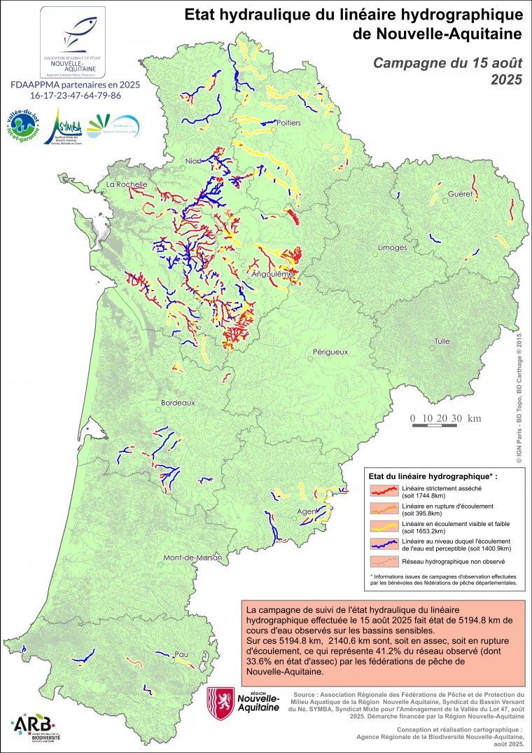 Etat hydraulique du linéaire hydrographique de la région Nouvelle-Aquitaine - Campagne du 15 août 2025