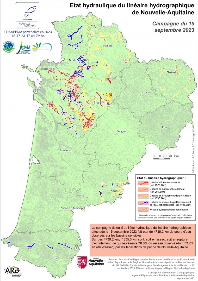 Etat hydraulique du linéaire hydrographique de la région Nouvelle-Aquitaine - Campagne du 15 septembre 2023